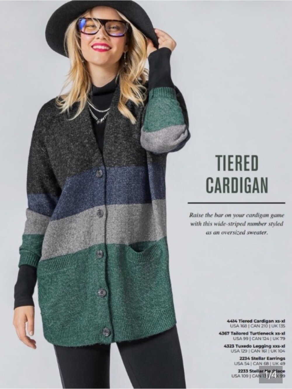 CAbi Tiered Button-Up Cardigan – Black, Blue, Gray, Green